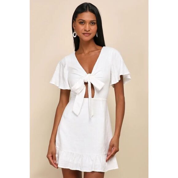Lulu’s Adorable Sensibility White Cutout Tie-Front Ruffled Mini Dress in White S - Picture 1 of 6